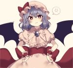  1girl angry bat_wings blue_hair bow brooch collared_dress dress frilled_sleeves frills hands_on_hips hat hat_ribbon highres jewelry mob_cap pink_dress pink_headwear puffy_short_sleeves puffy_sleeves red_bow red_eyes red_ribbon remilia_scarlet ribbon short_hair short_sleeves simple_background solo subaru_(subachoco) touhou v-shaped_eyebrows waist_bow white_background wings 