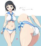  1girl ass black_hair blue_eyes bob_cut breasts hair_ornament hairclip highres kirigaya_suguha large_breasts looking_at_viewer multiple_views navel open_mouth sailor_bikini sailor_collar short_hair smile sword_art_online umanosuke 