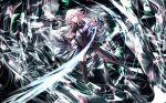  1girl belt black_legwear blue_eyes boots closed_mouth commentary_request guilty_crown hair_ornament highres long_hair pink_hair pink_nails revision solo tanikku thigh-highs yuzuriha_inori 