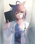  1girl absurdres agnes_tachyon_(umamusume) ahoge alternate_costume animal_ears brown_eyes brown_hair chemical_structure clipboard curtains earrings empty_eyes fingernails hand_up highres holding holding_clipboard horse_ears horse_girl jewelry kadokura_(sushiu_max) labcoat long_sleeves medical_scrubs medium_hair messy_hair parted_lips single_earring solo stethoscope umamusume 