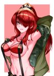  1girl absurdres arm_up armpits bangs bare_shoulders black_hair breasts commentary_request green_jacket grey_eyes grin hair_over_one_eye highres jacket kurosaki_saya lain_paterson large_breasts long_hair looking_at_viewer multicolored_hair navel nijisanji off_shoulder open_clothes open_jacket pasties redhead smile solo stomach streaked_hair suspenders upper_body 