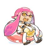  1girl ball bike_shorts full_body holding inkling innertube long_hair looking_at_viewer mota open_mouth orange_hair pointy_ears sandals shorts simple_background smile solo splatoon_(series) tentacle_hair white_background yellow_eyes 