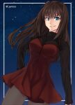  1girl aozaki_aoko bangs black_sweater blue_eyes breasts brown_hair buttons closed_mouth commentary_request dress grey_legwear hair_intakes hand_on_hip long_hair long_sleeves looking_at_viewer mahou_tsukai_no_yoru medium_breasts mixed-language_commentary night night_sky outdoors pantyhose red_dress sky smile solo star_(sky) sweater symoca turtleneck turtleneck_sweater twitter_username 