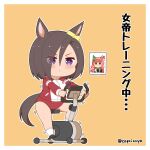  1girl air_groove_(umamusume) animal_ears black_hair blue_eyes bob_cut buruma capriccyo commentary_request ear_scrunchie exercise_bike gym_uniform highres horse_ears horse_girl horse_tail jacket multicolored_clothes multicolored_jacket orange_background photo_(object) red_buruma scrunchie short_hair silence_suzuka_(umamusume) solo tail track_jacket translation_request two-tone_jacket umamusume white_scrunchie 