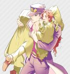  3boys age_regression blue_hair carrying child dual_persona earrings fireman&#039;s_carry gakuran jewelry jojo_no_kimyou_na_bouken kakyoin_noriaki kobayashi_(oksk0x0) kujo_jotaro long_coat male_focus multiple_boys oversized_clothes redhead school_uniform stardust_crusaders violet_eyes younger 