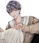  1boy bangs black_hair brown_cardigan cardigan clothes_pin earrings eyebrows_visible_through_hair eyewear_on_head glasses highres holding holding_clothes jewelry long_sleeves male_focus mitsuya_takashi purple_hair shirt short_hair simple_background single_earring sleeves_past_wrists snnniki solo teeth_hold tokyo_revengers undercut upper_body violet_eyes white_background white_shirt 