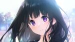  1girl artist_logo bangs black_hair blunt_bangs chitanda_eru highres hyouka long_hair looking_at_viewer mery_(yangmalgage) outdoors smile solo upper_body violet_eyes 