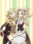  2girls ahoge bangs blonde_hair bodystocking cape covered_navel fire_emblem fire_emblem_awakening fire_emblem_fates grandmother_and_granddaughter grey_eyes holding_hands honoh_hazakura lissa_(fire_emblem) long_hair looking_at_viewer multiple_girls open_mouth ophelia_(fire_emblem) panties pantyhose turtleneck twintails underwear yellow_panties 