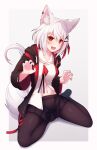  1girl animal_ears black_hoodie black_legwear black_skirt claw_pose eyebrows_visible_through_hair fang fox_ears fox_tail highres hood hoodie lee_siu navel nijisanji nijisanji_kr open_hands open_mouth pantyhose poifuru red_eyes shiny shiny_clothes shiny_legwear short_hair sitting skin_fang skirt smile solo tail virtual_youtuber white_hair 