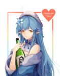  1girl absurdres add_leir ahoge bangs blue_bow blue_bowtie blue_hair bottle bow bowtie braid character_name closed_mouth dated english_text eyebrows_visible_through_hair flower french_braid hair_flower hair_ornament heart_ahoge highres holding holding_bottle hololive long_hair looking_at_viewer pointy_ears simple_background smile solo upper_body virtual_youtuber white_headwear yellow_eyes yukihana_lamy 