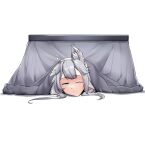  1girl absurdres animal_ear_fluff animal_ears arknights bangs closed_mouth eyebrows_visible_through_hair green_eyes hair_between_eyes highres kaicchi kotatsu long_hair looking_at_viewer on_floor one_eye_closed rosmontis_(arknights) silver_hair sleepy solo table white_background 