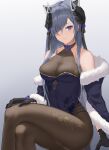  1girl august_von_parseval_(azur_lane) azur_lane bare_shoulders black_legwear blue_dress blue_eyes blue_flower blue_hair blue_rose bodystocking breasts china_dress chinese_clothes cloak closed_mouth covered_collarbone crossed_legs curled_horns dress floral_print flower fur_trim gloves gradient gradient_background hair_over_one_eye halter_dress halterneck highres horns knees large_breasts lianyungangwyz long_hair looking_at_viewer mechanical_dragon mechanical_horns off-shoulder_dress off_shoulder one_eye_covered rose simple_background smile solo taut_clothes taut_dress tsurime 