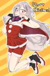  1girl :o bag bangs black_gloves blush boots breasts christmas eyebrows_visible_through_hair eyewear_around_neck fingernails full_body girls_frontline gloves grey_hair highres holding holding_bag kuzumotsu long_hair looking_at_viewer merry_christmas open_mouth safety_glasses santa_costume single_glove solo t-cms_(girls&#039;_frontline) violet_eyes 