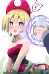  ? arm_wrap blonde_hair blue_eyes fukkatsu_saisei_kaijin hairband heart heart-shaped_pupils highres hypnosis irida_(pokemon) mind_control pokemon pokemon_(game) pokemon_legends:_arceus red_hairband red_shirt shirt short_hair shorts strapless strapless_shirt symbol-shaped_pupils waist_cape white_shorts 