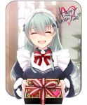  1girl alternate_costume blush box buttons chocolate eyebrows_visible_through_hair facing_viewer gift gift_box green_hair hair_between_eyes happy_valentine heart holding holding_gift kantai_collection long_hair long_sleeves maid_headdress open_mouth smile solo suzuya_(kancolle) teeth teramoto_kaoru upper_body upper_teeth valentine 