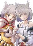  animal_ears bangs blunt_bangs bodysuit breasts cat_ears chest_jewel facial_mark flat_chest gloves highres inuneco jacket mio_(xenoblade) nia_(xenoblade) short_hair shoulder_strap silver_hair small_breasts tank_top white_gloves white_jacket white_tank_top xenoblade_chronicles_(series) xenoblade_chronicles_2 xenoblade_chronicles_3 yellow_bodysuit yellow_eyes 