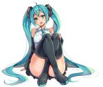 1girl absurdly_long_hair ahoge ajidot aqua_eyes aqua_hair aqua_nails ass bare_shoulders black_footwear boots breasts crossed_legs detached_sleeves eyebrows_visible_through_hair full_body hair_between_eyes hatsune_miku lace_trim long_hair looking_at_viewer medium_breasts miniskirt open_mouth shirt skirt thick_thighs thigh-highs thigh_boots thighs twintails very_long_hair vocaloid wing_collar zettai_ryouiki 
