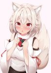  1girl :o animal_ears blush box breasts detached_sleeves heart-shaped_box holding holding_box inubashiri_momiji large_breasts no_hat no_headwear open_mouth pink_background red_eyes rururiaru short_hair simple_background solo tail touhou valentine white_hair wolf_ears wolf_tail 
