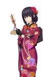  1girl alternate_costume arrow_(projectile) bangs black_eyes black_gloves black_hair closed_mouth commentary_request cqqz0707 eyebrows_visible_through_hair floral_print flower gloves hair_between_eyes hair_flower hair_ornament highres holding holding_arrow japanese_clothes kimono kuonji_alice looking_at_viewer mahou_tsukai_no_yoru obi red_flower red_kimono sash short_hair simple_background solo white_background wide_sleeves 