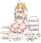  1girl ahoge ark_order artist_request beelzebub_(ark_order) blonde_hair blush bow bow_panties bra breasts butterfly_hair_ornament candy checkerboard_cookie choker cookie eating food food-themed_hair_ornament food_on_breasts fork frilled_bra frilled_panties frills fruit full_body gloves hair_ornament heart heart_hair_ornament holding holding_spoon large_breasts looking_at_viewer multicolored_nails official_art panties pink_bra pink_choker pink_gloves pink_panties plate plump red_eyes side-tie_panties sitting solo spoon stick stomach strawberry tachi-e tiered_tray transparent_background two_side_up underwear utensil_in_mouth w_arms wariza 