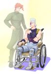  2boys amputee bandages bare_shoulders blue_eyes double_amputee earrings eyepatch flattop gakuran ghost grey_hair highres hotaru_(ss801) jean_pierre_polnareff jewelry jojo_no_kimyou_na_bouken kakyoin_noriaki male_focus multiple_boys prosthesis prosthetic_leg red_eyes redhead scar scar_across_eye school_uniform sitting vento_aureo wheelchair 