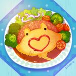  artist_name broccoli commentary english_commentary food food_focus fried_chicken ketchup no_humans omurice onion original pikaole plate red_onion tomato tomato_slice vegetable 