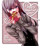  1girl aihara_mei black_hair blush box candy chocolate citrus_(saburouta) food gift gift_box hair_between_eyes happy_valentine heart heart-shaped_box heart-shaped_chocolate holding holding_box holding_gift incoming_gift jewelry long_hair looking_at_viewer ring saburouta solo valentine violet_eyes wedding_ring 