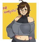  1girl absurdres bangs border breasts brown_eyes brown_hair collarbone commission english_commentary glasses grey_pants grey_sweater highres large_breasts looking_to_the_side navel off-shoulder_sweater off_shoulder original pants parted_lips short_hair smile snowcie solo sweater sweatpants white_border yellow_background 