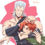  2boys arm_around_neck bare_shoulders biceps cheekbones earrings flattop gakuran grey_hair hotaru_(ss801) jean_pierre_polnareff jewelry jojo_no_kimyou_na_bouken kakyoin_noriaki male_focus multiple_boys noogie redhead ruffling_hair school_uniform stardust_crusaders 