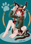  1girl :3 absurdres animal_ear_fluff animal_ears artist_name bangs barefoot bigcat_114514 black_bow black_ribbon blue_background blunt_bangs blush bow braid breasts cat_ears cat_tail dress extra_ears eyebrows_visible_through_hair full_body green_dress hair_bow hair_ornament hair_ribbon highres juliet_sleeves kaenbyou_rin leg_ribbon long_hair long_sleeves looking_to_the_side multiple_tails nekomata open_mouth pointy_ears puffy_sleeves red_eyes redhead ribbon simple_background sitting skull_hair_ornament small_breasts smile solo tail toes touhou tress_ribbon twin_braids twintails two_tails 