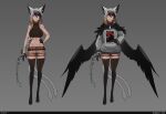  1girl :/ absurdres animal_ear_fluff animal_ears bangs bare_arms bare_shoulders beige_shorts belt black_belt black_gloves black_hair black_legwear black_wings blonde_hair braid cat_ears cat_tail clothes_writing commentary english_commentary full_body gloves grey_background grey_hair grey_jacket hair_between_eyes halterneck hands_on_hips highres jacket less long_braid long_hair long_sleeves midriff multicolored_hair multiple_tails multiple_views no_shoes original pink_eyes shorts simple_background tail the_raven thigh-highs two_tails very_long_hair wings 