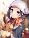  1girl akari_(pokemon) black_hair black_shirt blue_eyes blush closed_mouth commentary_request eevee eyelashes goma_(nabepa_n) grey_jacket head_scarf highres holding holding_pokemon jacket long_hair looking_at_viewer pokemon pokemon_(creature) pokemon_(game) pokemon_legends:_arceus ponytail red_scarf scarf shirt sidelocks smile white_headwear 