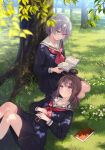  blue_eyes blush book brown_hair flower forest fukahire_(ruinon) glasses grass highres leaf low_twintails lying nature on_back original pleated_skirt reading red_neckwear school_uniform serafuku short_hair silver_hair sitting skirt smile tree twintails violet_eyes 