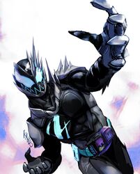  1boy armor kamen_rider kamen_rider_jack_revice kamen_rider_revi kamen_rider_revice kyuri_bakuhatu male_focus reaching_out revice_driver rider_belt signature solo spikes split_theme 