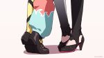  2girls asymmetrical_legwear black_footwear couple english_commentary gradient gradient_legwear hakos_baelz height_difference high_heels highres holocouncil hololive hololive_english implied_kiss irys_(hololive) kiss lower_body mismatched_legwear multiple_girls namii_(namialus_m) out_of_frame shoes simple_background standing thigh-highs thighs tiptoe_kiss tiptoes virtual_youtuber white_background yuri 