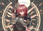  1girl :d aiming_at_viewer arknights assault_rifle bangs belt black_gloves black_skirt dual_wielding exusiai_(arknights) fingerless_gloves gloves grey_shirt grin gun h&amp;k_hk416 hair_between_eyes hair_over_one_eye halo highres holding holding_gun holding_weapon jacket kriss_vector kuwan4971 looking_at_viewer open_mouth red_eyes redhead rifle shirt short_hair short_sleeves skirt smile solo submachine_gun teeth trigger_discipline weapon white_jacket wings 