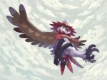  beak closed_mouth clouds commentary_request dated day flying from_below highres hisuian_decidueye looking_down mokuzou_(moku_ssbu) no_humans outdoors pokemon pokemon_(creature) red_pupils sky solo talons yellow_eyes 