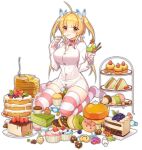  1girl ahoge ark_order artist_request bangs beelzebub_(ark_order) blonde_hair blush breasts butterfly_hair_ornament cake candy candy_wrapper checkerboard_cookie chocolate cookie cup cupcake dessert doughnut dress_shirt food food_on_face fork fruit full_body grapes hair_ornament holding holding_cup holding_spoon honey ice_cream large_breasts lollipop long_sleeves low_twintails macaron muffin multicolored_nails official_art pancake parfait plate red_eyes sandwich shirt sidelocks sitting skindentation solo spoon stack_of_pancakes strawberry striped striped_legwear swiss_roll tachi-e thigh-highs tiered_tray transparent_background twintails two_side_up utensil_in_mouth wafer_stick wariza whipped_cream white_shirt 