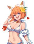  1girl absurdres ahoge animal_ears bare_shoulders bikini blue_eyes eight-tailed_fox_nari flower fox_ears fox_girl guardian_tales hair_flower hair_ornament heart highres jewelry navel official_alternate_costume open_mouth orange_hair pendant ponytail shadow sliverdog smile swimsuit v white_background 