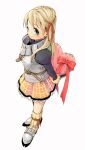 1girl armor armored_dress blonde_hair blue_eyes cecile_(suikoden) closed_mouth gensou_suikoden gensou_suikoden_iii hair_ribbon jewelry kazune long_hair looking_at_viewer ribbon simple_background skirt smile solo valentine white_background 