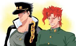  2boys black_hair blue_eyes chain earrings gakuran hat_over_eyes hotaru_(ss801) jewelry jojo_no_kimyou_na_bouken kakyoin_noriaki kujo_jotaro male_focus multiple_boys red_eyes redhead school_uniform stardust_crusaders 