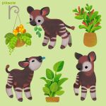  animal animal_focus artist_name black_eyes blue_tongue closed_mouth colored_tongue commentary eating english_commentary green_background hanging_plant hooves looking_at_viewer okapi_(animal) original pikaole plant potted_plant simple_background smile solid_circle_eyes standing tongue tongue_out watermark 