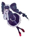  1girl bangs black_hair black_legwear bonnet celestia_ludenberg danganronpa:_trigger_happy_havoc danganronpa_(series) drill_hair eyebrows_visible_through_hair frills full_body gothic_lolita grey_background hands_up highres lolita_fashion long_hair long_sleeves looking_at_viewer own_hands_together pantyhose red_eyes red_footwear simple_background smile solo tabo_(aoiaoi_susu) twin_drills twintails wide_sleeves 