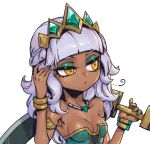  1girl bangs bare_shoulders blunt_bangs bracelet breasts collarbone dark-skinned_female dark_skin green_background hair_ornament hand_up holding jewelry league_of_legends long_hair medium_breasts orange_eyes phantom_ix_row qiyana_(league_of_legends) shiny shiny_hair simple_background solo upper_body 