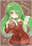  1girl alternate_costume bangs bare_shoulders brown_background eyebrows_visible_through_hair green_hair hair_over_one_eye heart heart_hands kazami_yuuka kazami_yuuka_(pc-98) long_hair looking_at_viewer matsu_kitsune open_mouth outline red_eyes red_sweater simple_background solo sweater touhou touhou_(pc-98) translation_request white_outline 