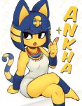  1girl animal_crossing animal_ears ankha_(animal_crossing) arm_support bangs black_eyes blonde_hair blue_eyeshadow blue_hair blunt_bangs cat_ears cat_girl cat_tail crossed_legs d-floe eyebrows_visible_through_hair eyeshadow fang furry furry_female highres index_finger_raised looking_at_viewer makeup multicolored_hair open_mouth short_hair sitting solo tail 