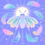  animal animal_focus antennae artist_name blue_eyes bug commentary english_commentary feathers heart moth no_humans original pikaole purple_background simple_background sparkle sun 