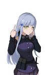  1girl assault_rifle bangs belt blunt_bangs breasts closed_mouth copycat001 cowboy_shot earpiece earplugs eyebrows_visible_through_hair facial_mark from_side girls_frontline green_eyes gun h&amp;k_hk416 hair_ornament hand_on_own_cheek hand_on_own_face highres hk416_(girls&#039;_frontline) large_breasts long_hair long_sleeves looking_at_viewer magazine_(weapon) middle_finger military_jacket miniskirt plaid plaid_skirt ribbed_jacket rifle sidelocks sideways_glance silver_hair simple_background skirt solo teardrop teardrop_facial_mark teardrop_tattoo tight unamused utility_belt weapon white_background x_hair_ornament 
