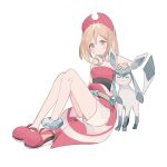  1girl anklet bangs blonde_hair blush bracelet closed_mouth collar commentary_request cox2_nut eyelashes glaceon grey_eyes hairband headpat highres irida_(pokemon) jewelry medium_hair pokemon pokemon_(creature) pokemon_(game) pokemon_legends:_arceus red_footwear red_hairband sash shirt shoes shorts sitting smile strapless strapless_shirt waist_cape white_background white_shorts 