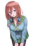  blue_eyes breasts brown_hair eyebrows_visible_through_hair go-toubun_no_hanayome headphones headphones_around_neck highres large_breasts long_hair looking_at_viewer nakano_miku open_mouth school_uniform serafuku shimizu_tomoki 